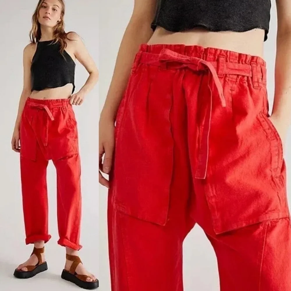 Free People High Rise Drawstring Straight Leg Red Pant - Picture 1 of 9